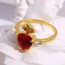 Anel Sagrado Coração de Jesus Ouro 14k Feminino – Anel Religioso com Pedra Vermelha e Zircônias